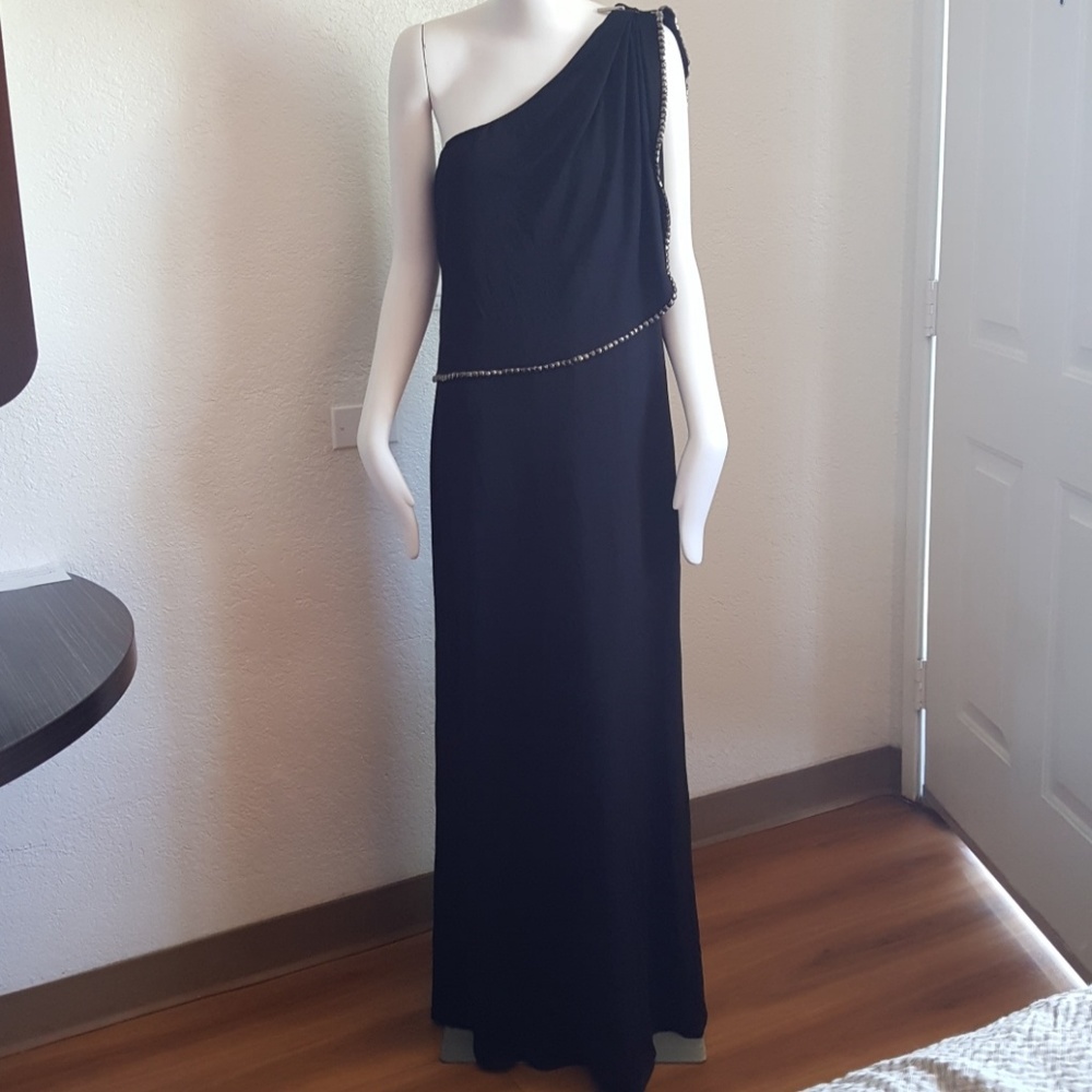 Mikael Aghal one shoulder Grecian Goddess studded maxi dress black Sz 12